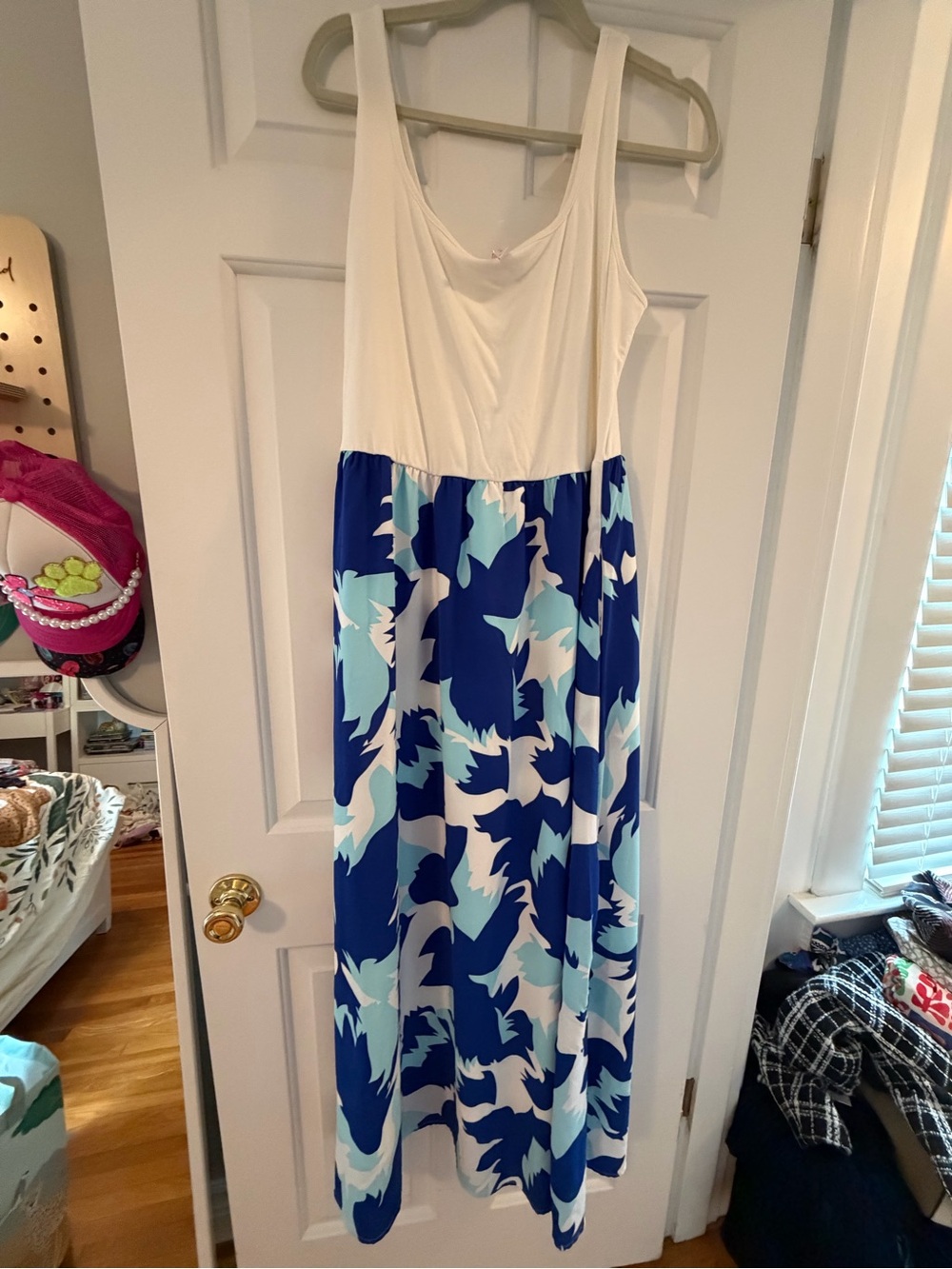 White & Blue Floral Print Maxi Dress